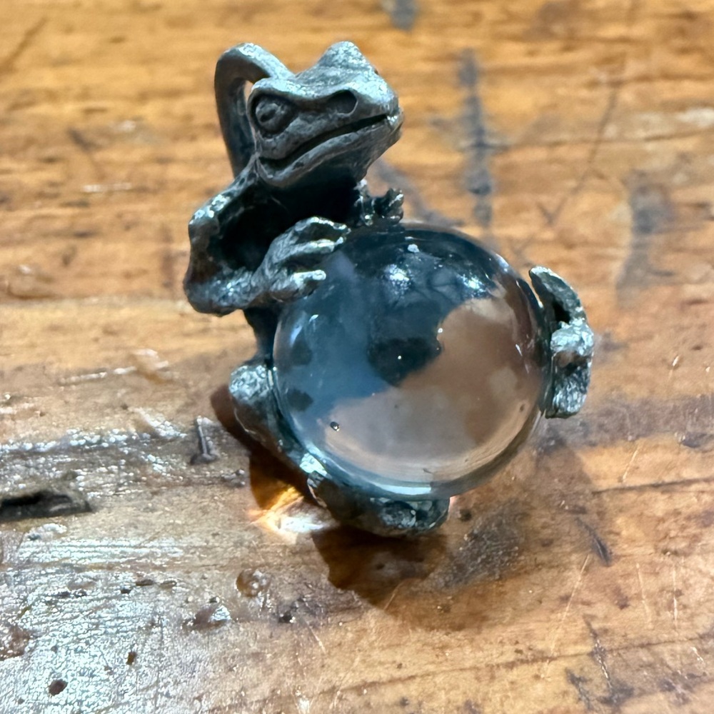 Vintage Pewter Reptile Holding Glass Orb Pendant